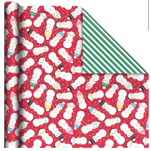 Hallmark Wrapping Paper Christmas Snowman on Red/Green Stripes Reversible 35 sq - Picture 2 of 4